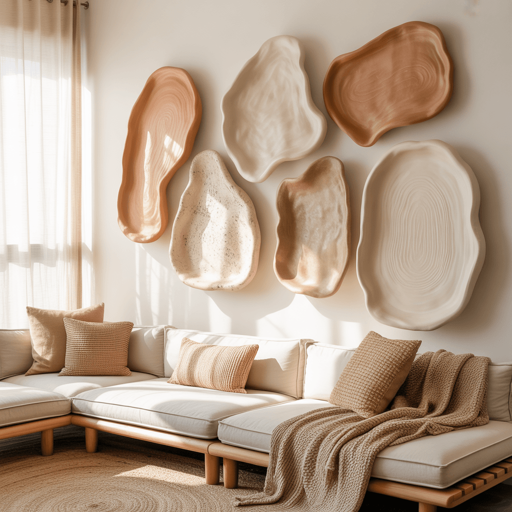 Textured ceramic wall art in neutral tones on Boho-style wall