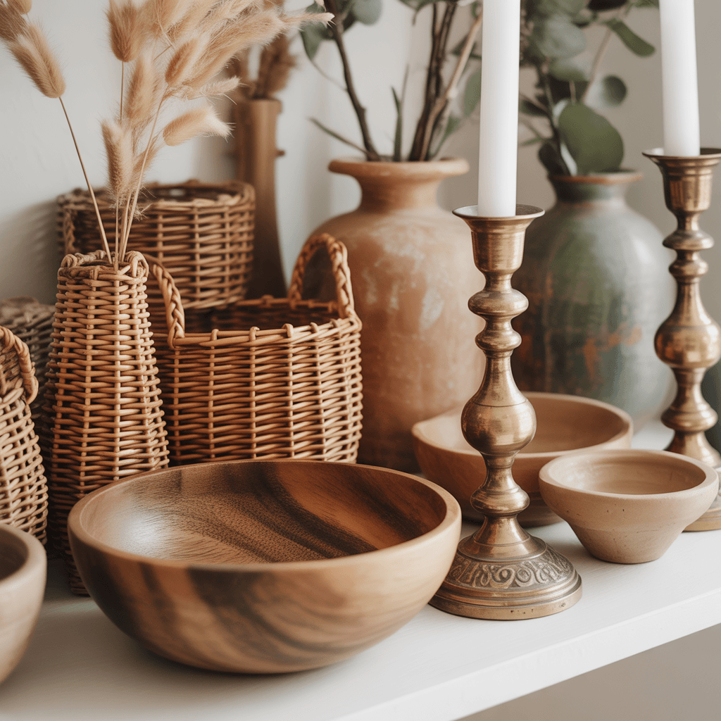 Thrifted Boho décor pieces on a shelf including wicker baskets and brass accents.