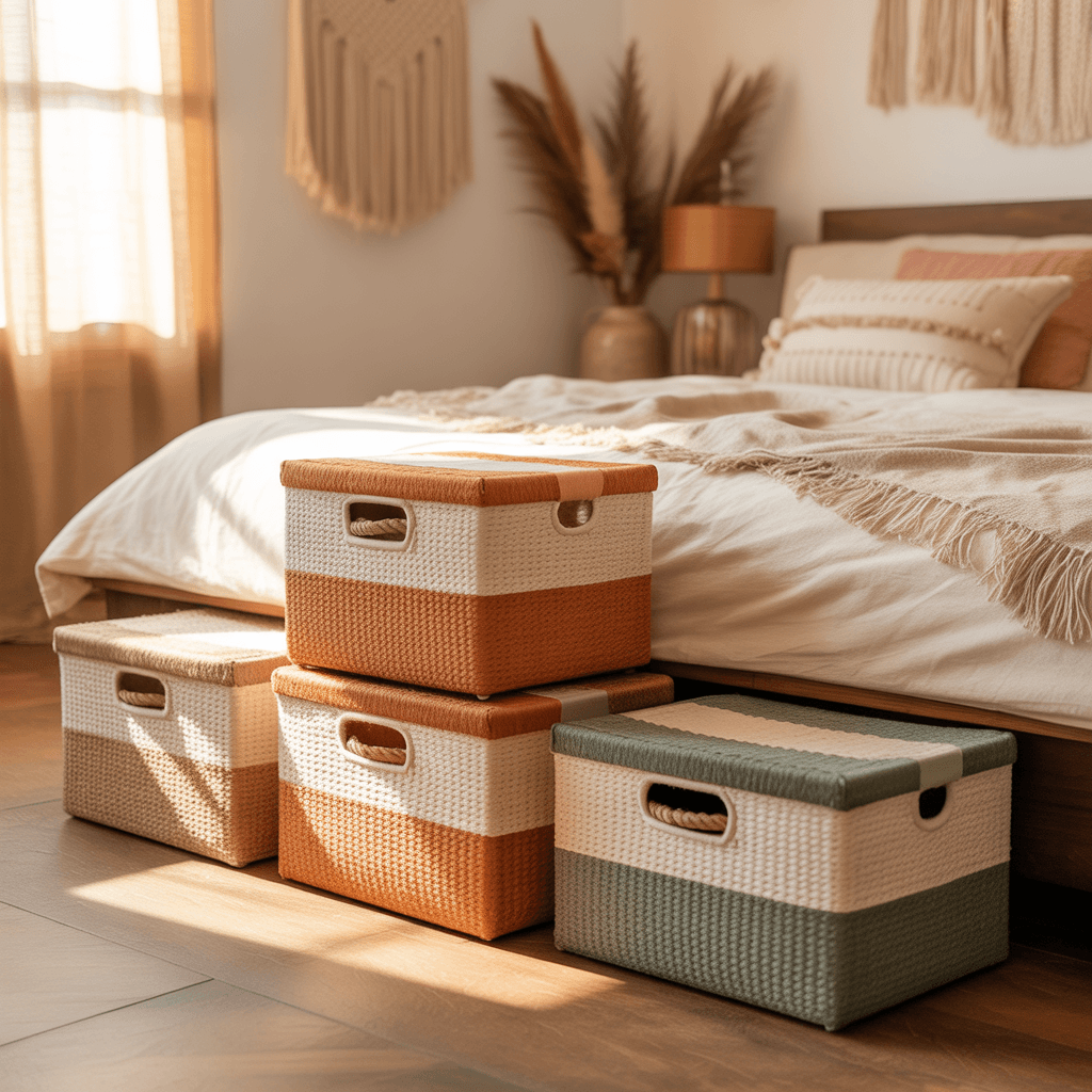  Under-bed storage used in a modern Boho small room