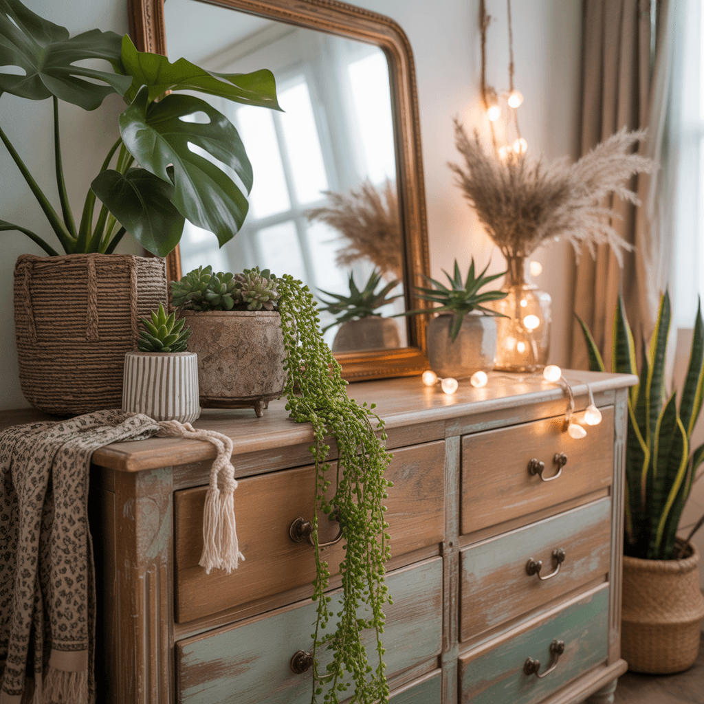 Upcycled vintage dresser in eco-friendly Boho home
