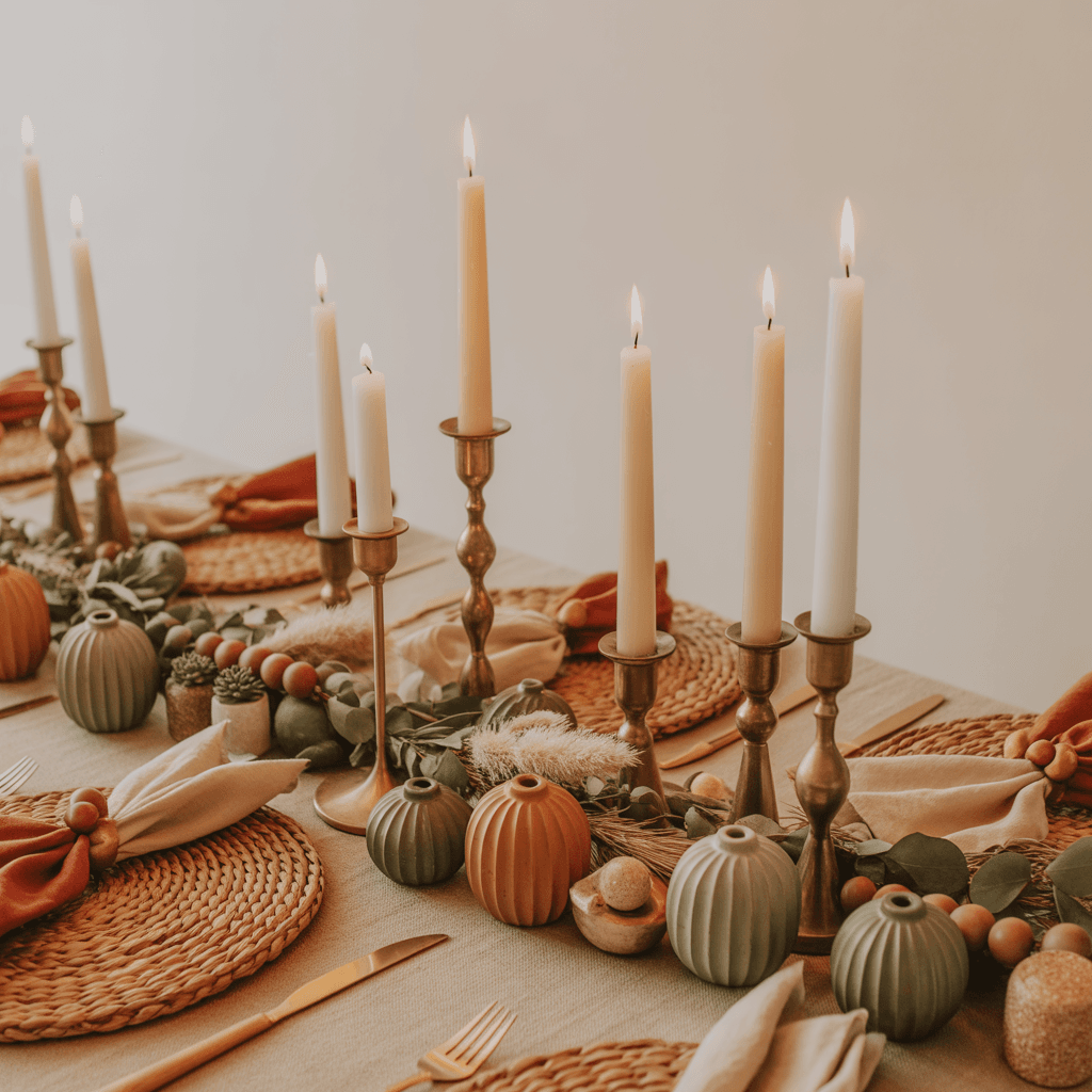 Vintage-inspired rustic boho table with handmade ornaments.