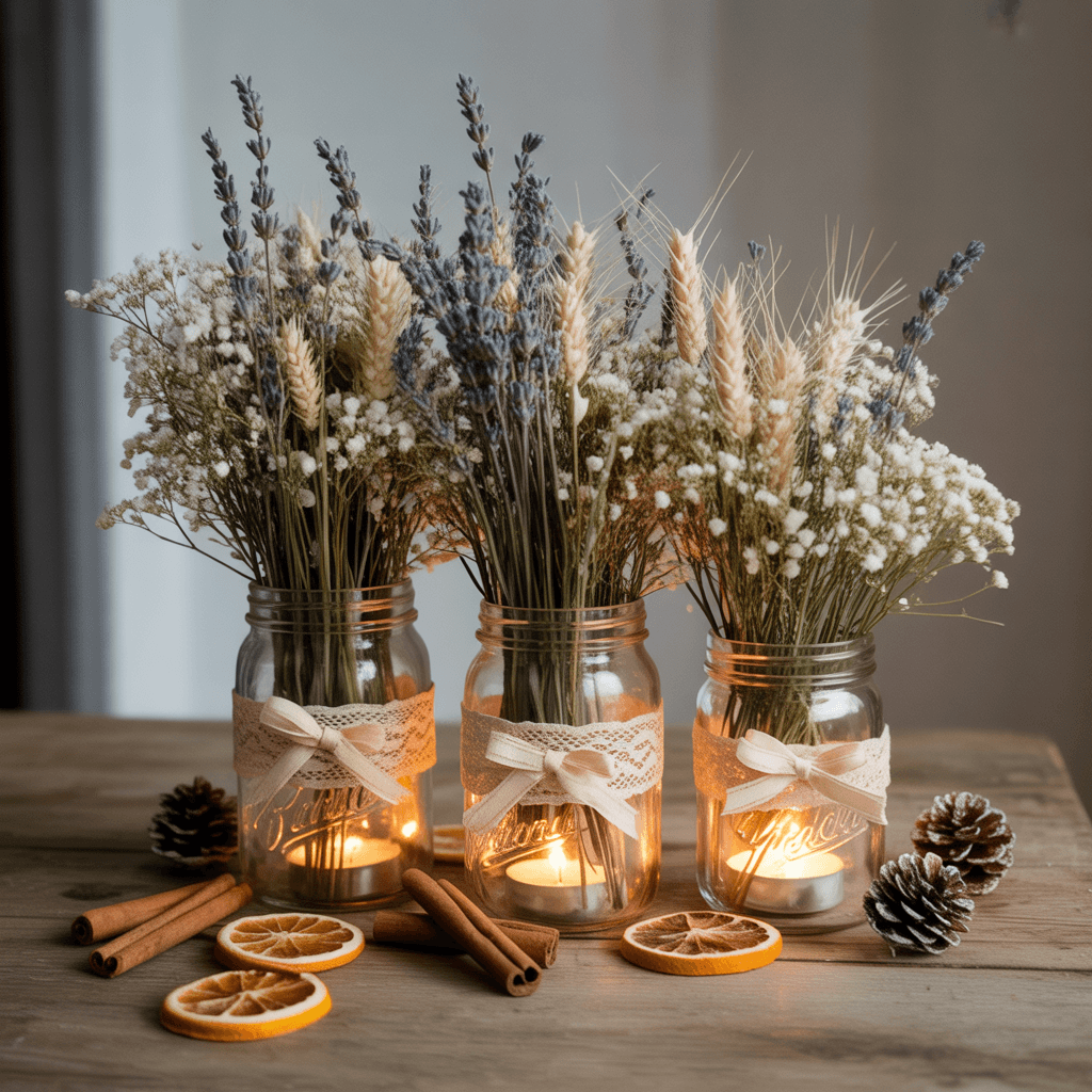 Vintage rustic Christmas centerpiece with lace and jars.