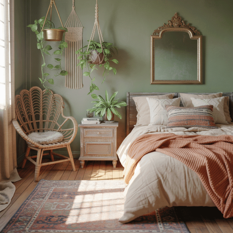 Vintage wooden furniture and sage green decor in a boho bedroom