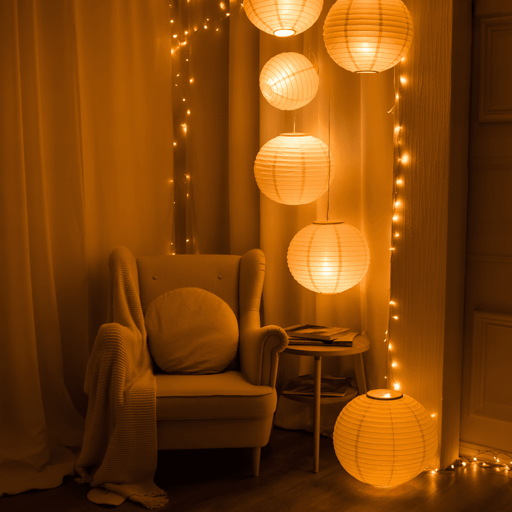 Warm Boho lighting with fairy lights and natural lanterns.