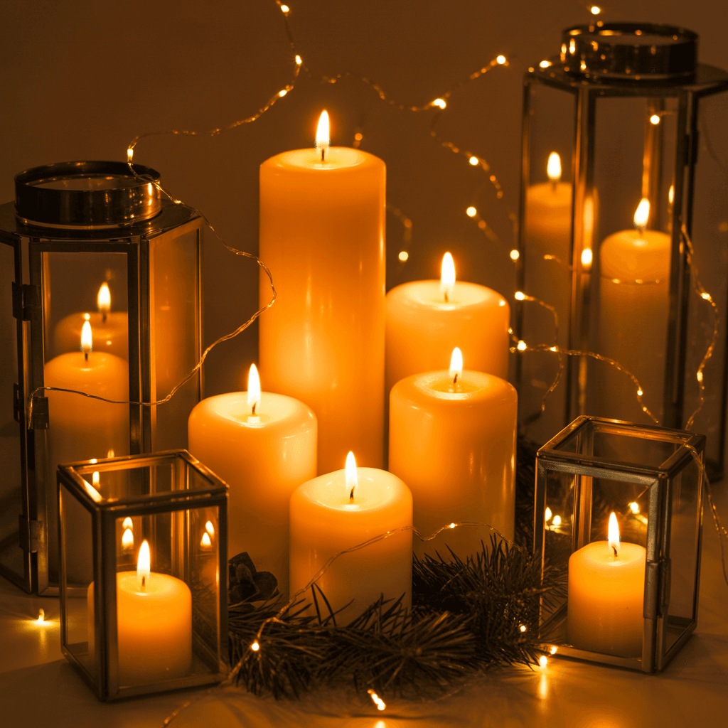 Warm Christmas lighting with candles and soft twinkle lights.