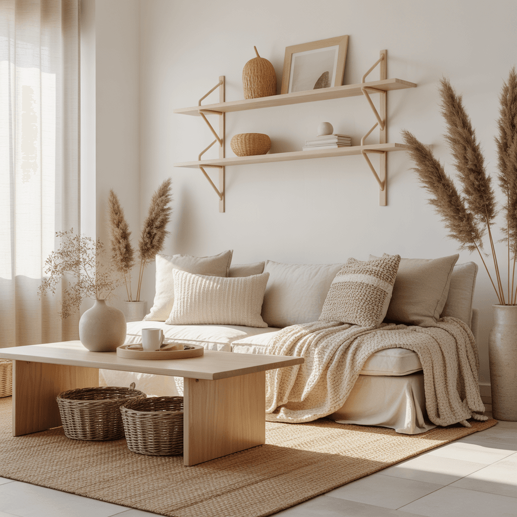 Warm Scandinavian Boho living room with neutral textures and wood accents.