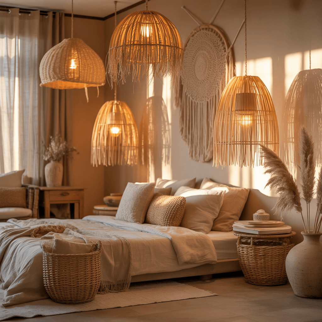 Warm ambient lighting in a Boho bedroom highlighting layered textures.