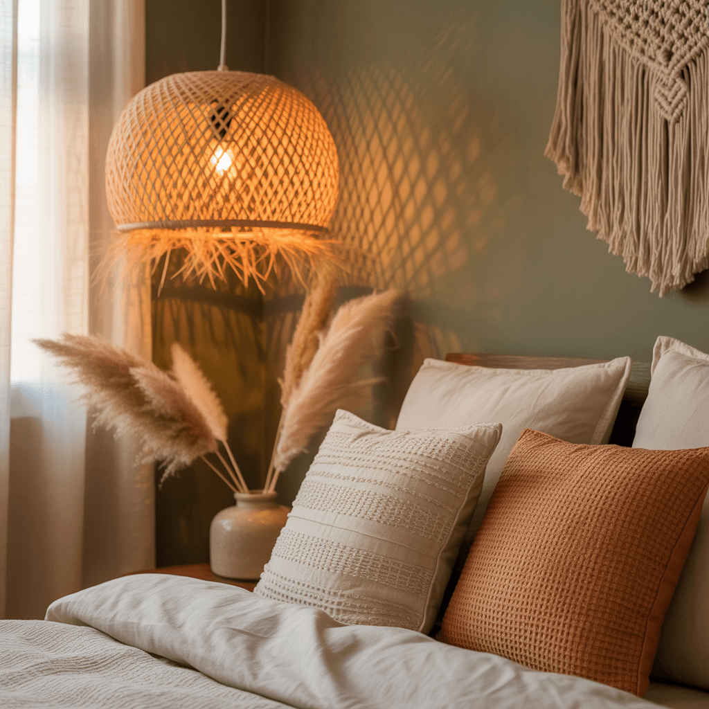 Warm boho lighting in a small sage green bedroom