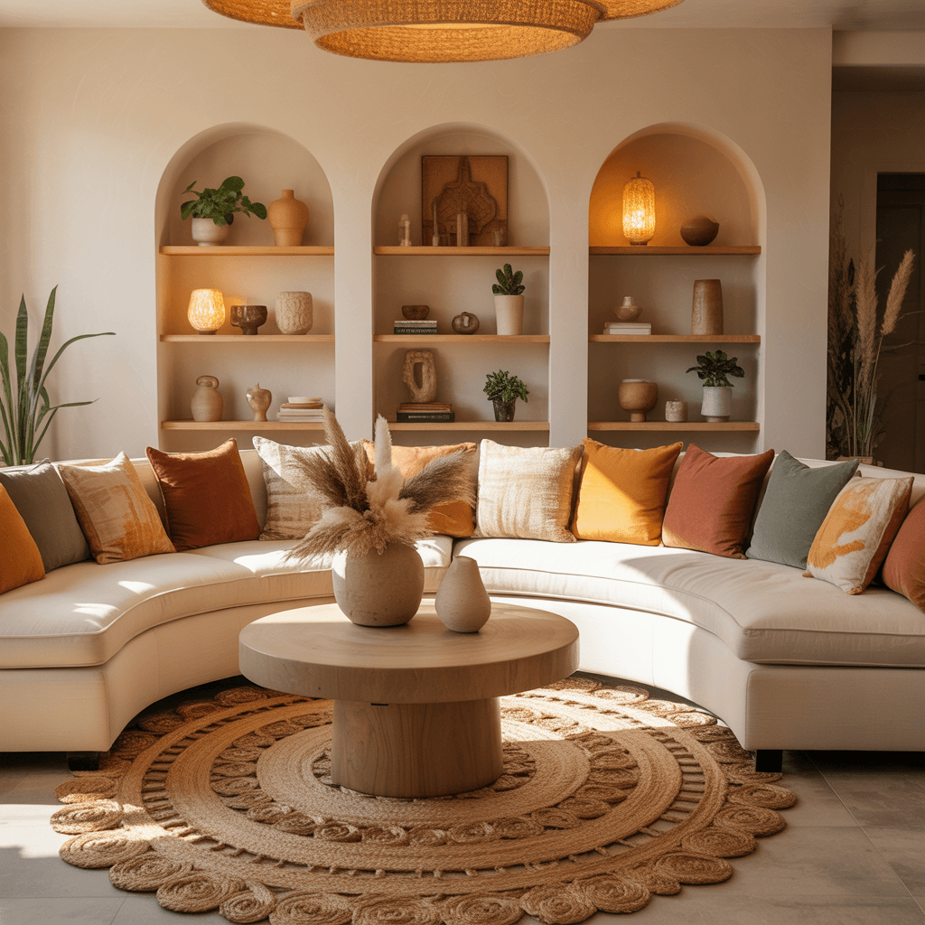 Warm boho living room featuring curved furniture and organic shapes.