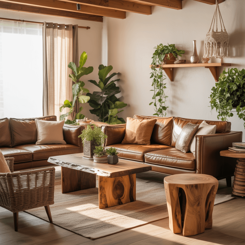 Warm brown boho living room with earthy elements.