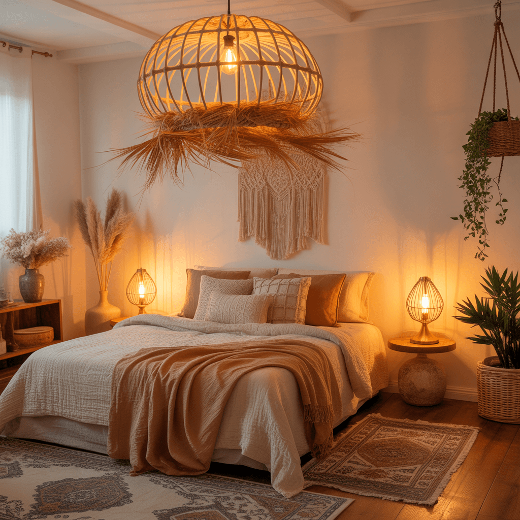 Warm lighting in sage boho bedroom