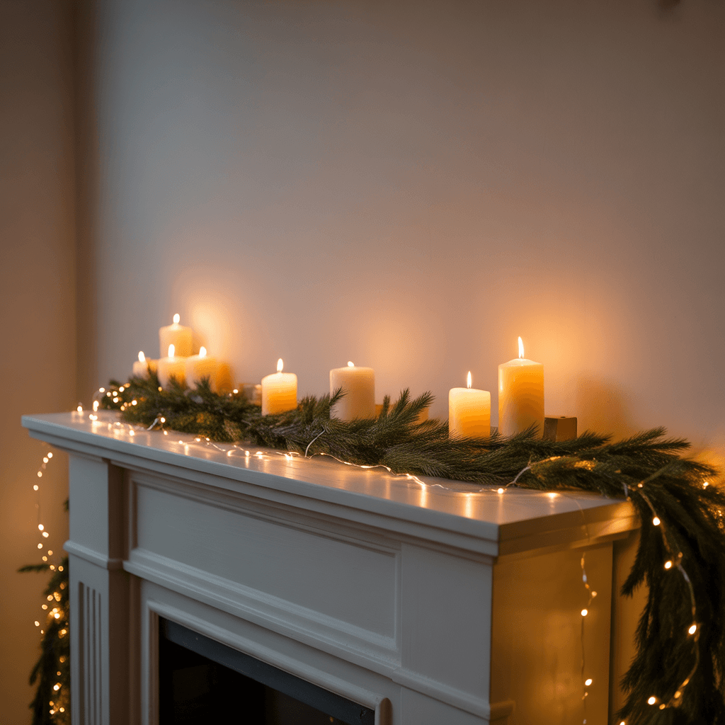 Warm minimal Christmas lighting with candles and string lights.