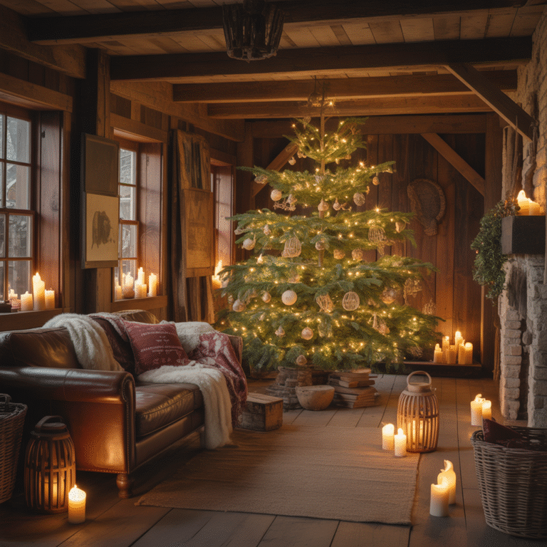 Warm rustic farmhouse Christmas room lit with candles and lanterns.