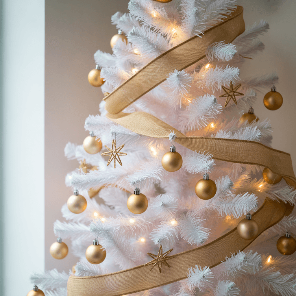 White and gold minimalist Christmas tree with soft lights and natural ribbon.