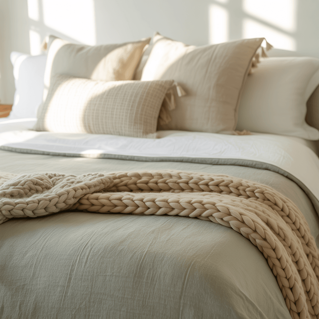 Wooden Boho furniture paired with sage green decor