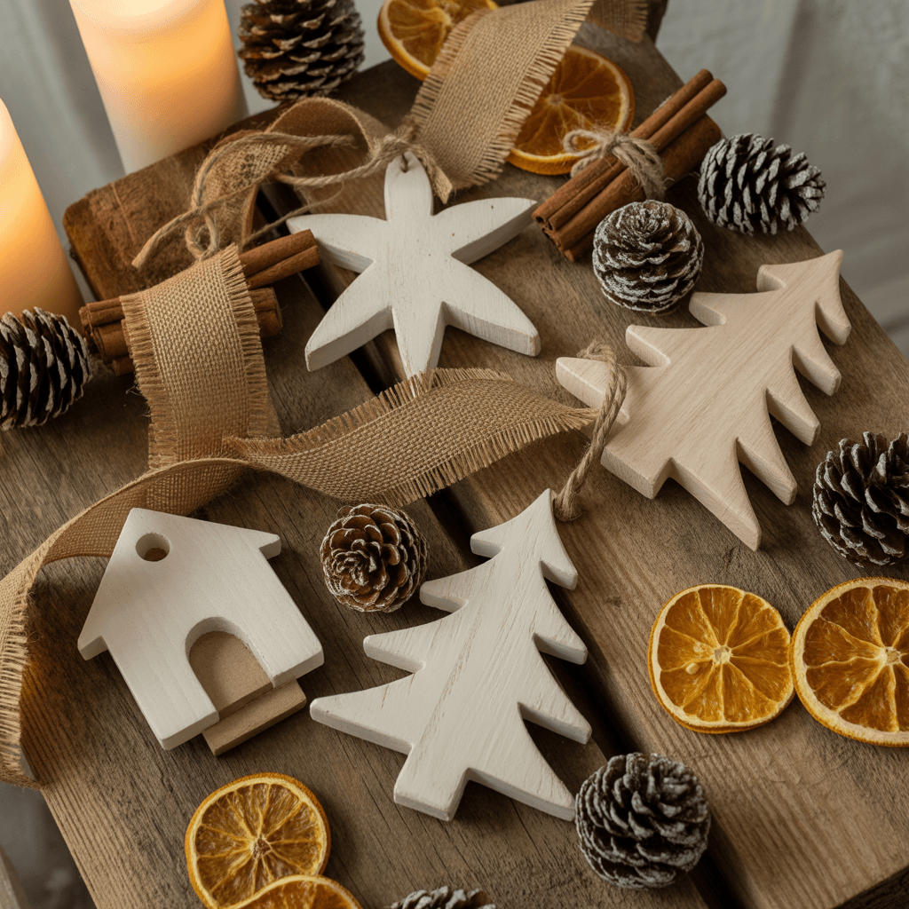  Wooden and natural material Christmas décor items arranged in a warm rustic setting.