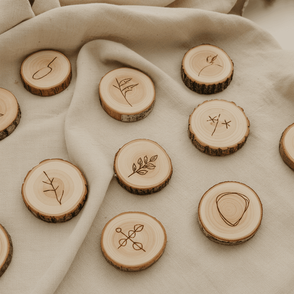 Wooden slice ornaments with painted text on boho Christmas tree.