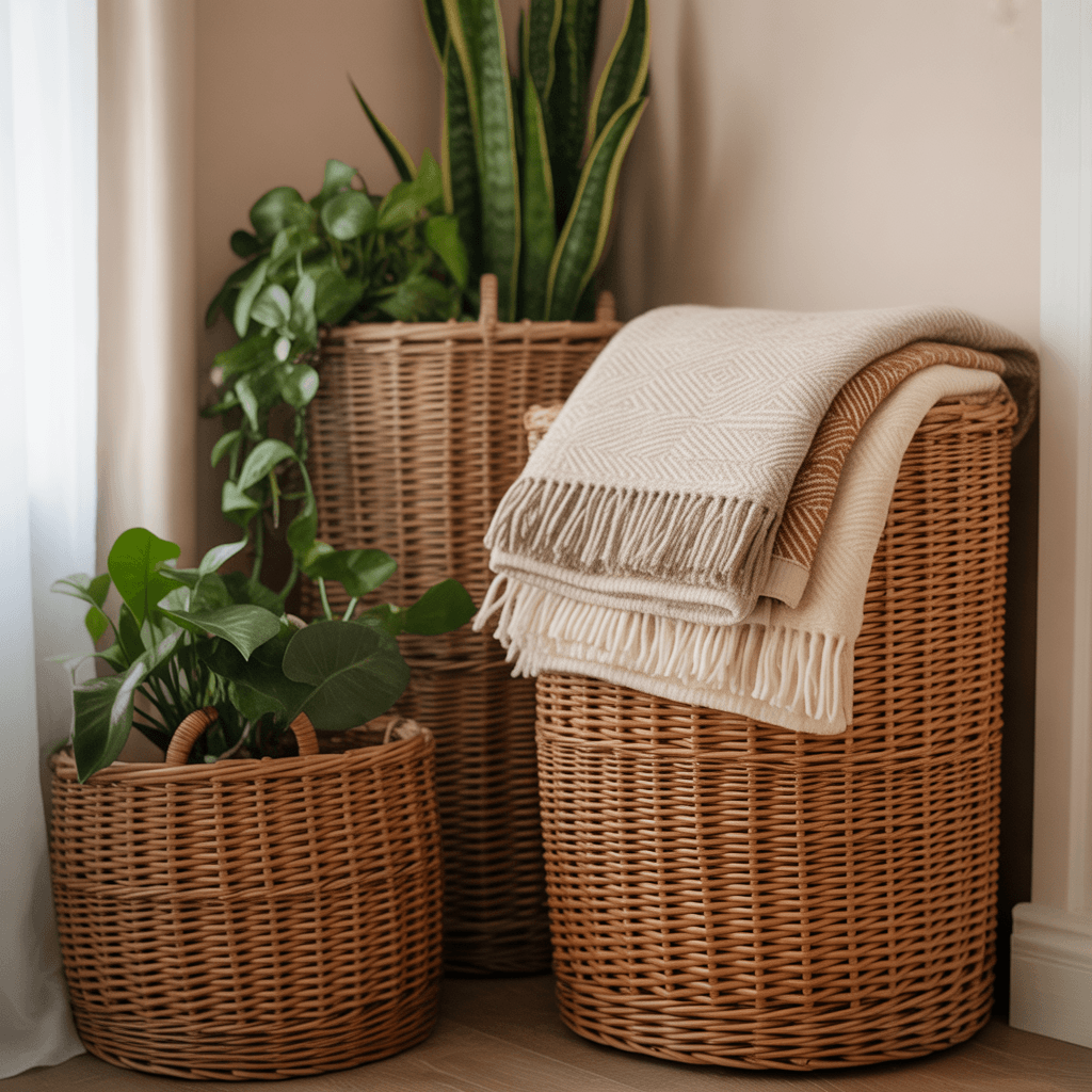 Woven Boho baskets used as storage and plant holders.