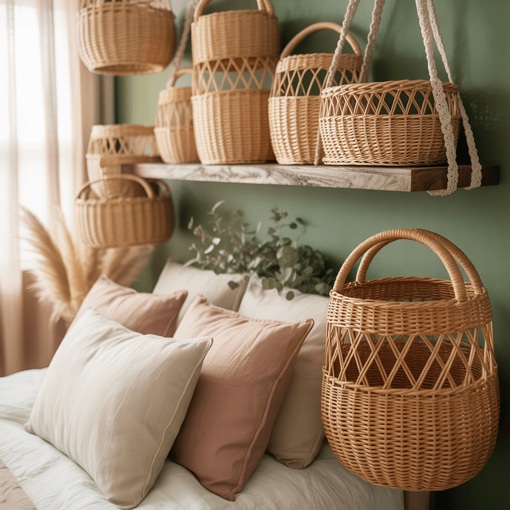 Woven baskets and handmade accents in Scandinavian Boho room