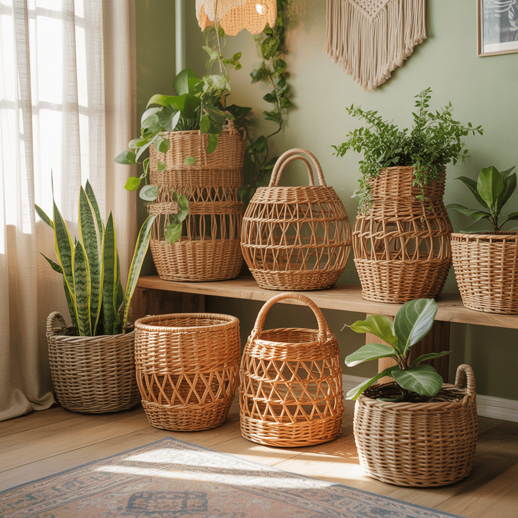Woven baskets with plants in a Sage Green Boho Room