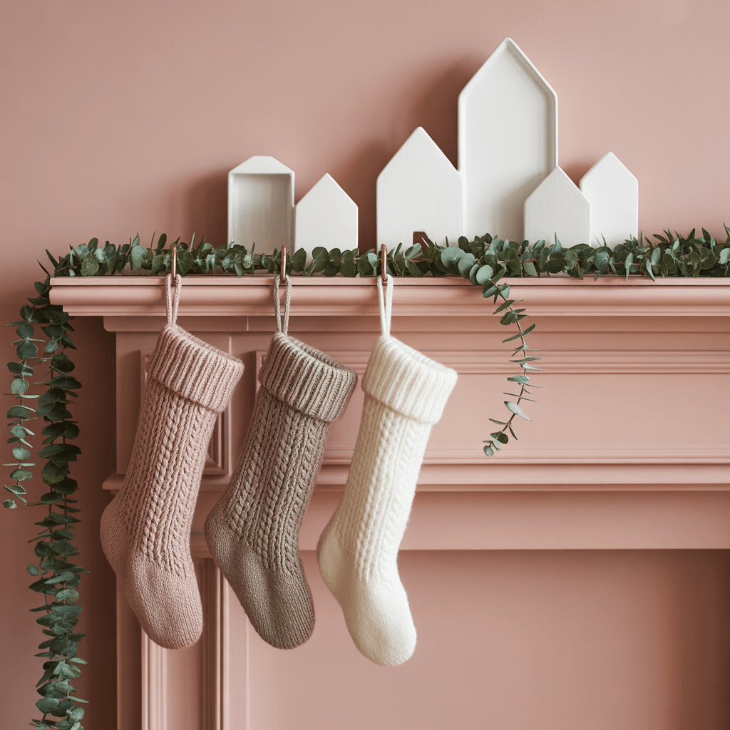 Scandinavian pink Christmas mantel decorated with blush stockings, ceramic houses, and eucalyptus garland.