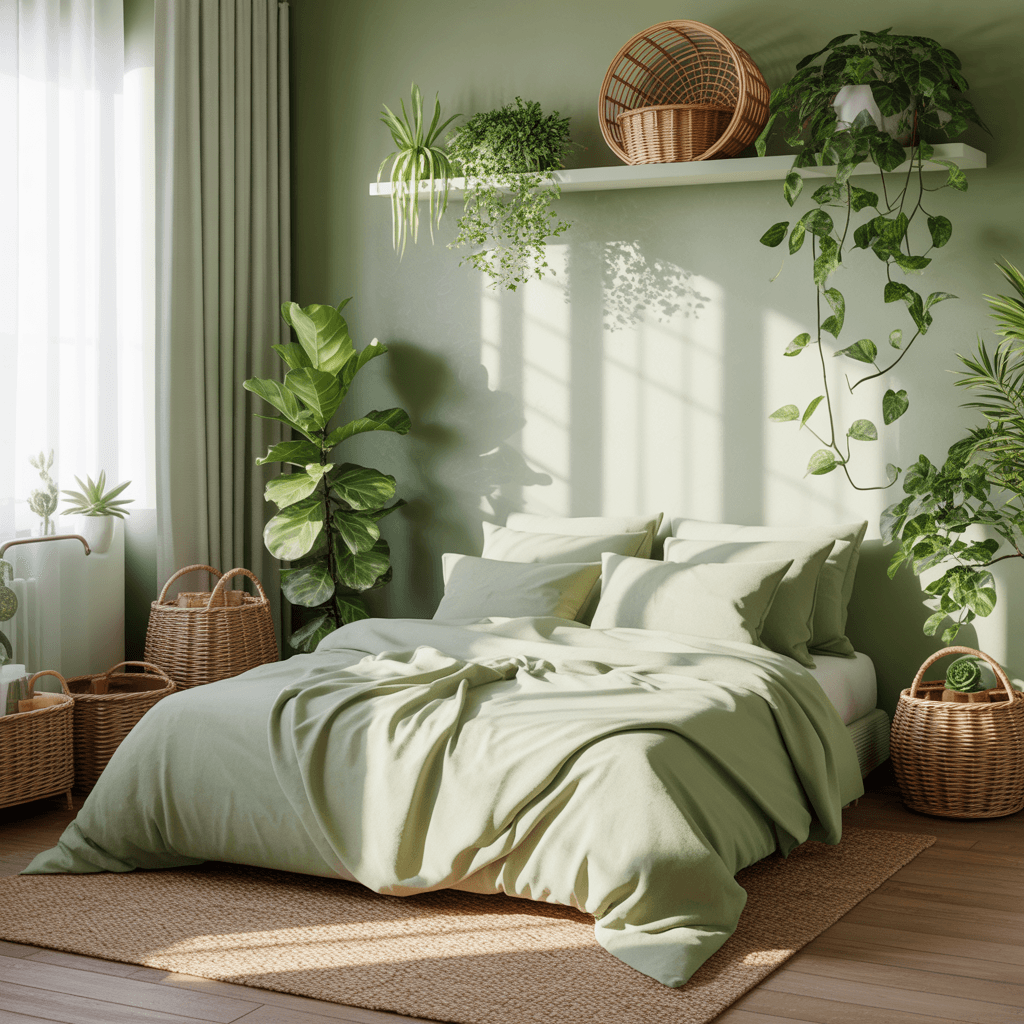  boho bedroom filled with indoor plants and soft lighting