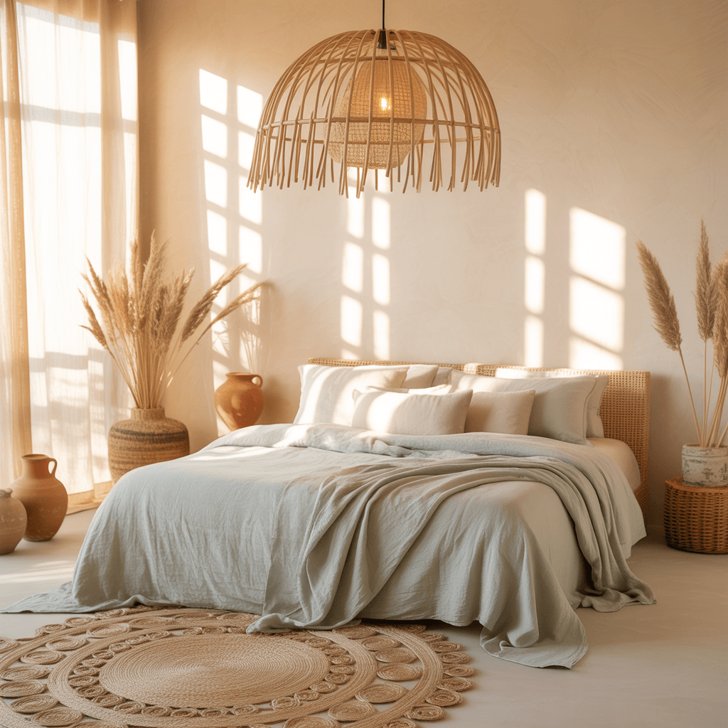 boho bedroom with jute rug, rattan pendant, and sage bedding