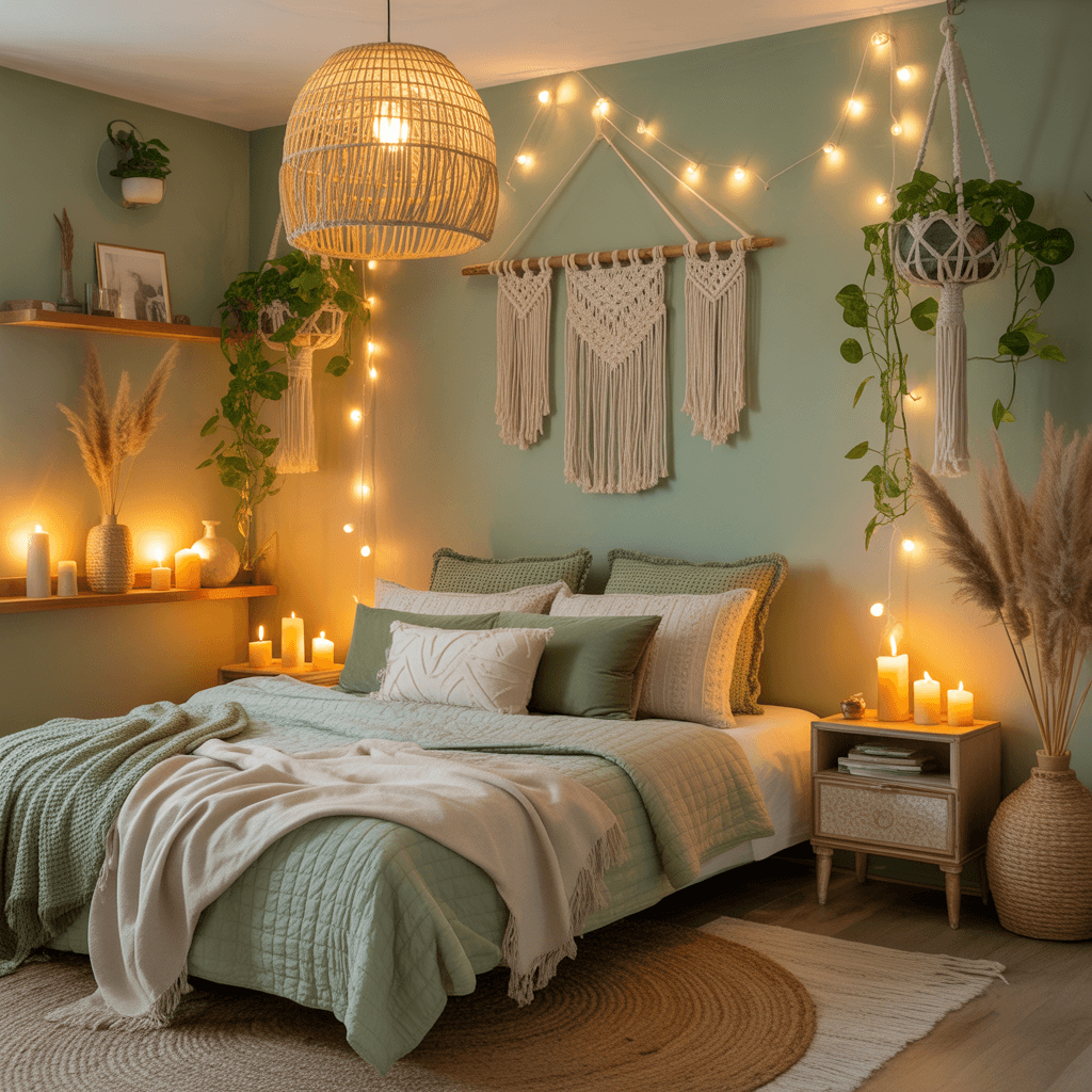 boho bedroom with sage walls and warm ambient lights