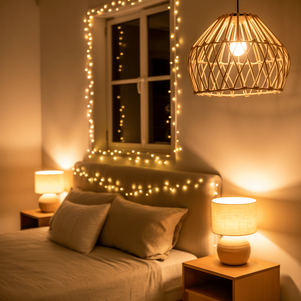  boho lighting in sage green bedroom with woven pendant