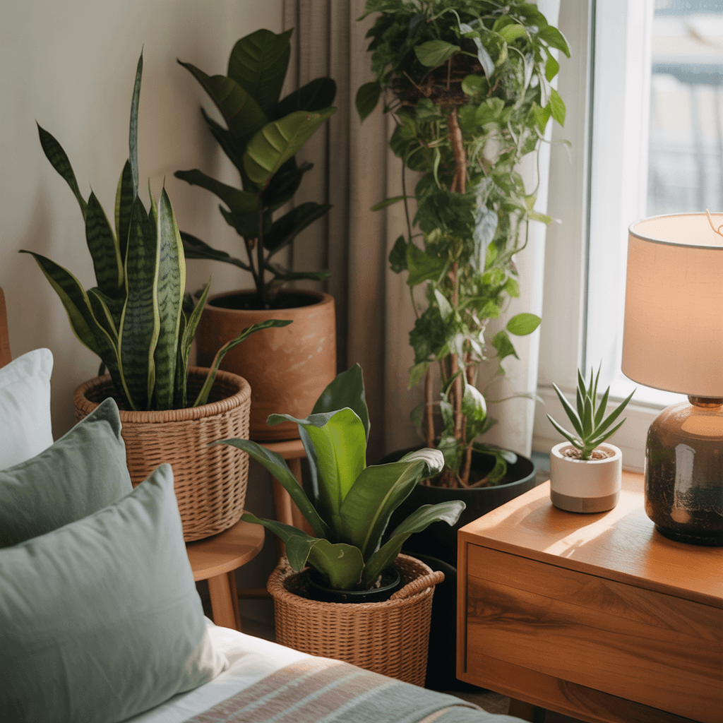 boho lighting in sage green bedroom with woven pendant