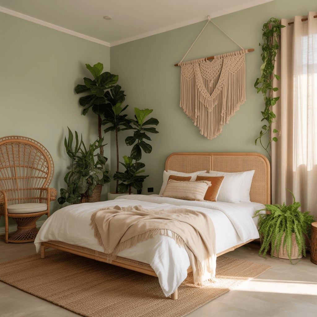 boho sage green bedroom with warm tones and natural decor