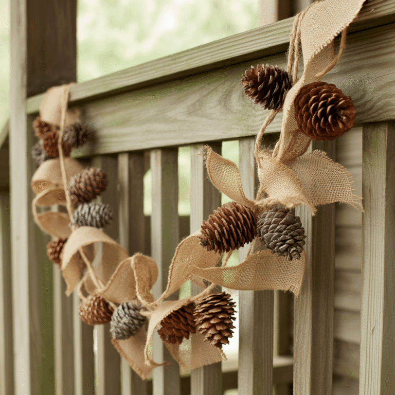 burlap garland with pinecones and greenery on porch railing