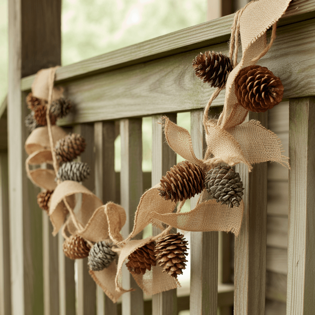 burlap garland with pinecones and greenery on porch railing
