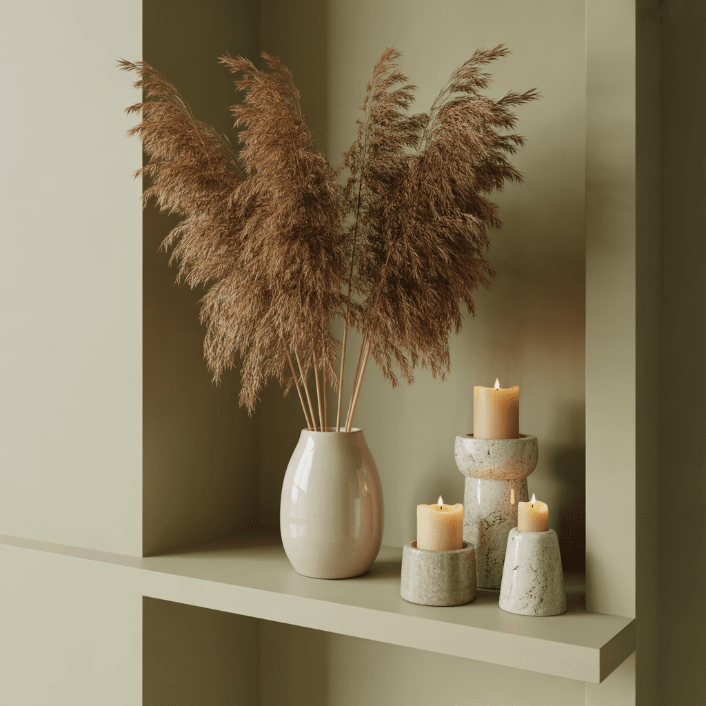 clay and ceramic decor in a sage green bedroom.