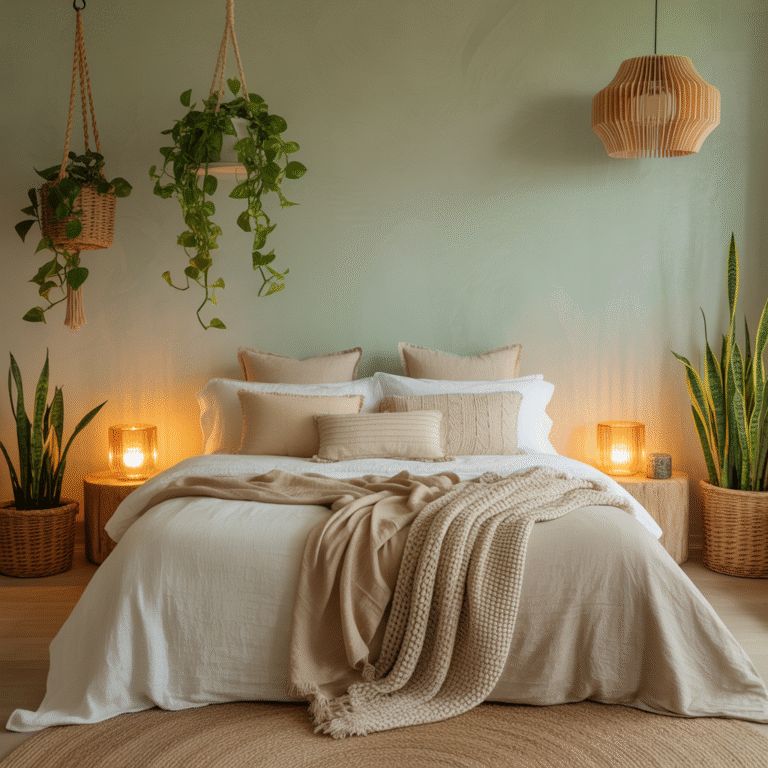 cozy neutral and sage green Boho bedroom retreat.