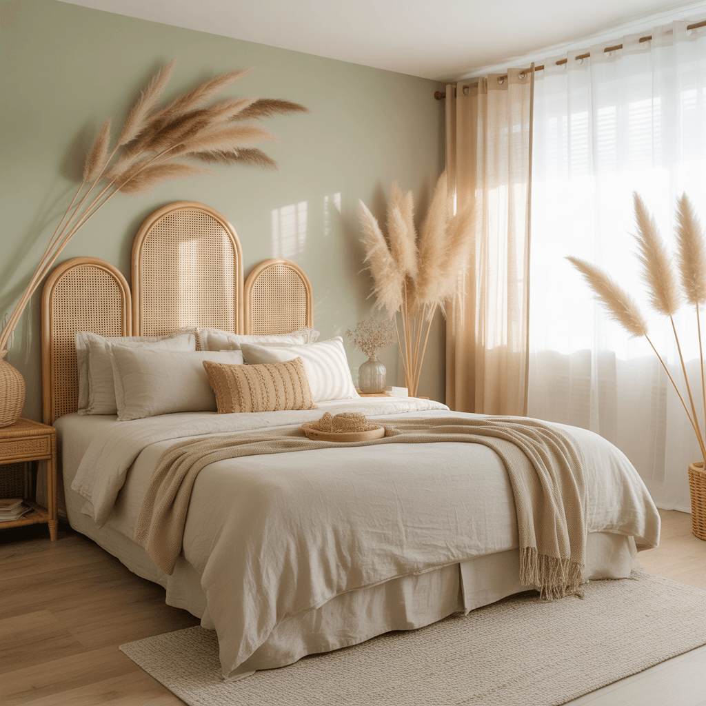 cozy sage green and neutral Boho bedroomideas with rattan bed and natural lighting.