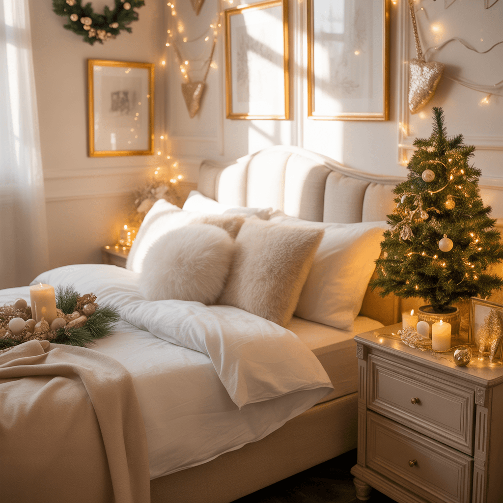  cozy white and gold christmas bedroom decor