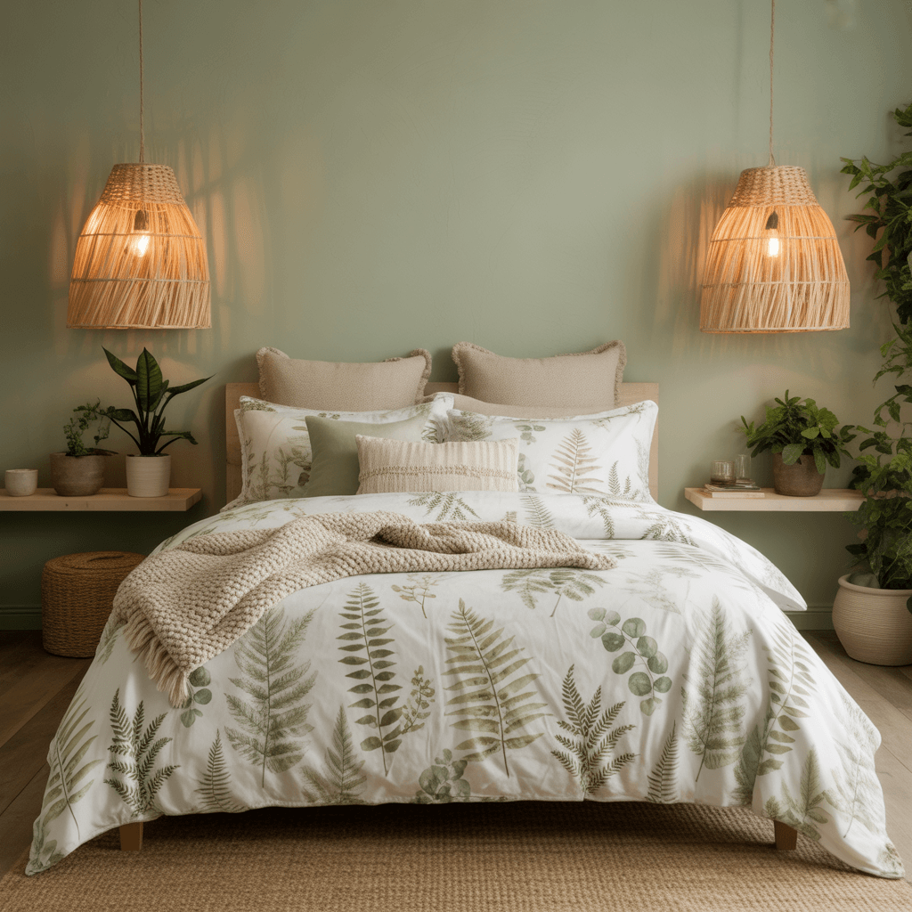 floral sage green bedding in boho room