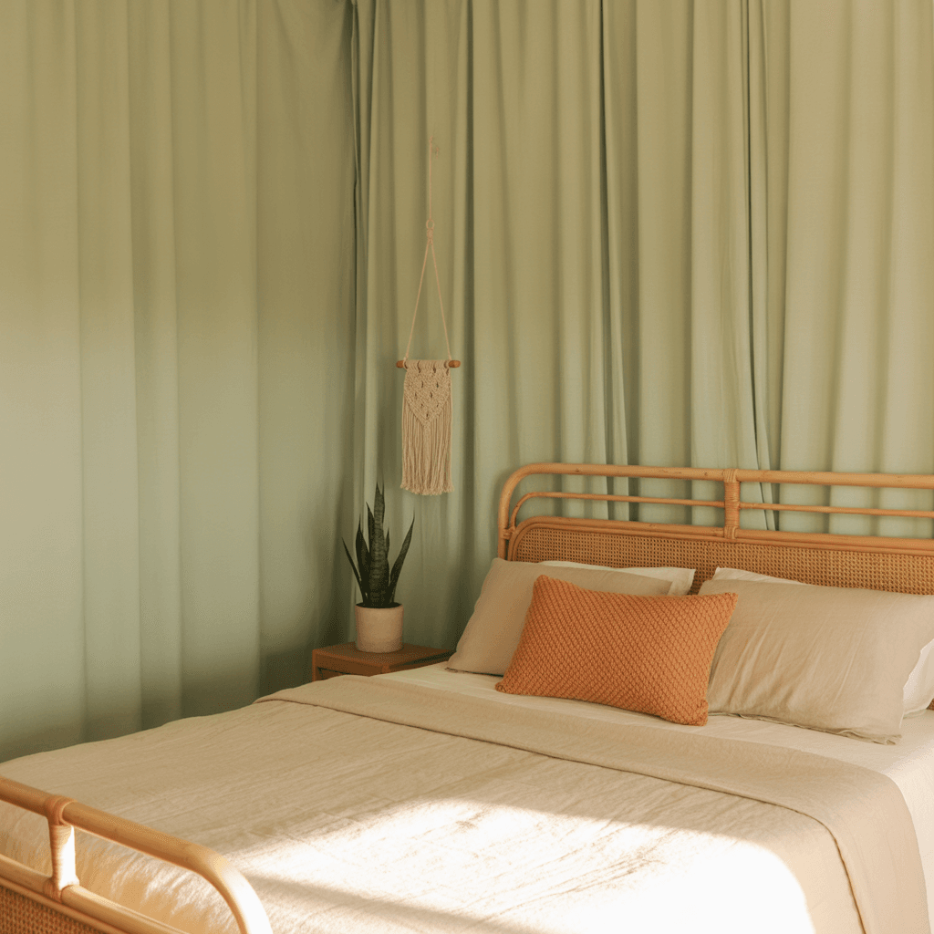  furniture arrangement idea for sage green boho bedroom