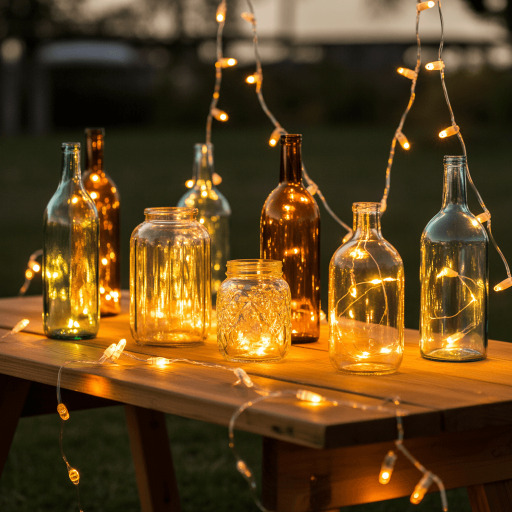  glass bottle lanterns filled with fairy lights and wrapped in burlap
