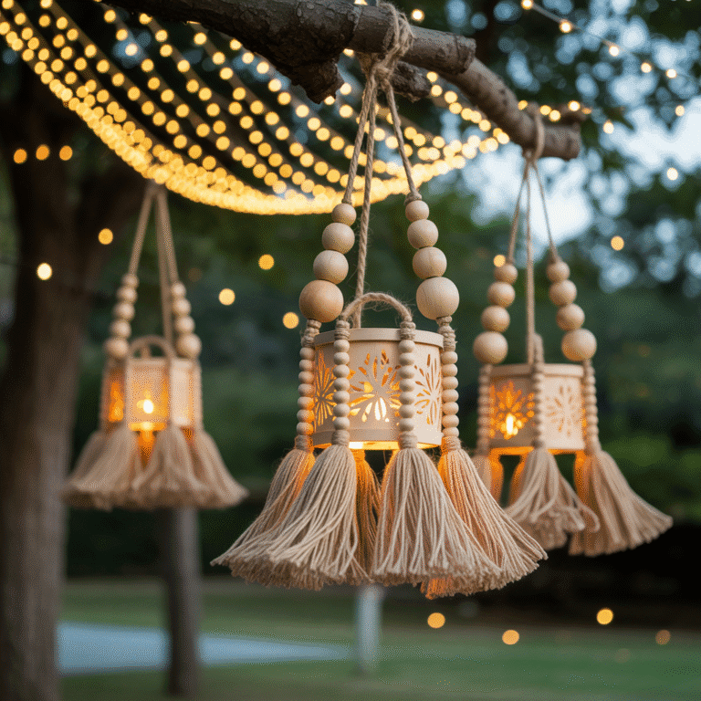 hanging lanterns with tassels and beads in boho colors
