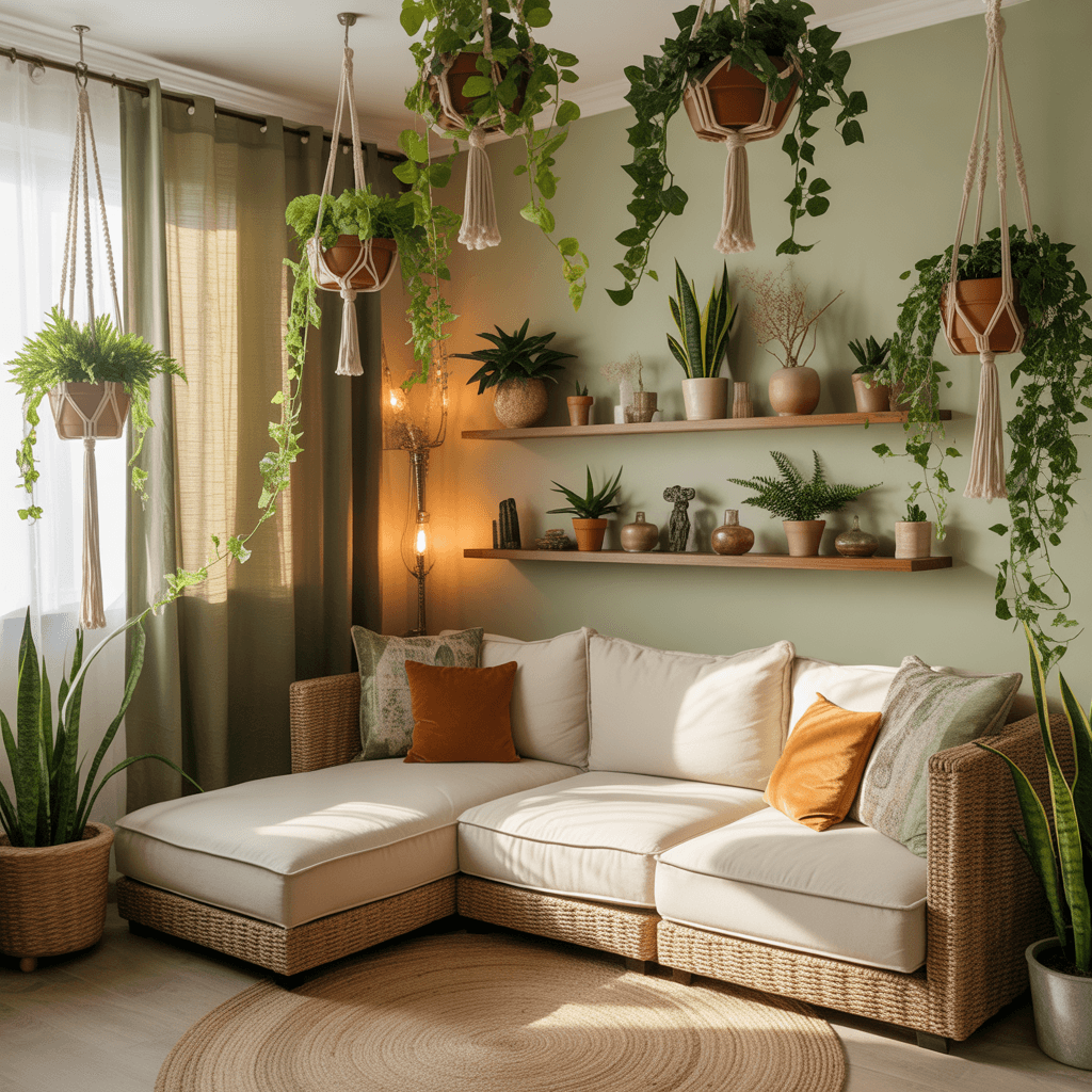hanging plants in a small Boho living room