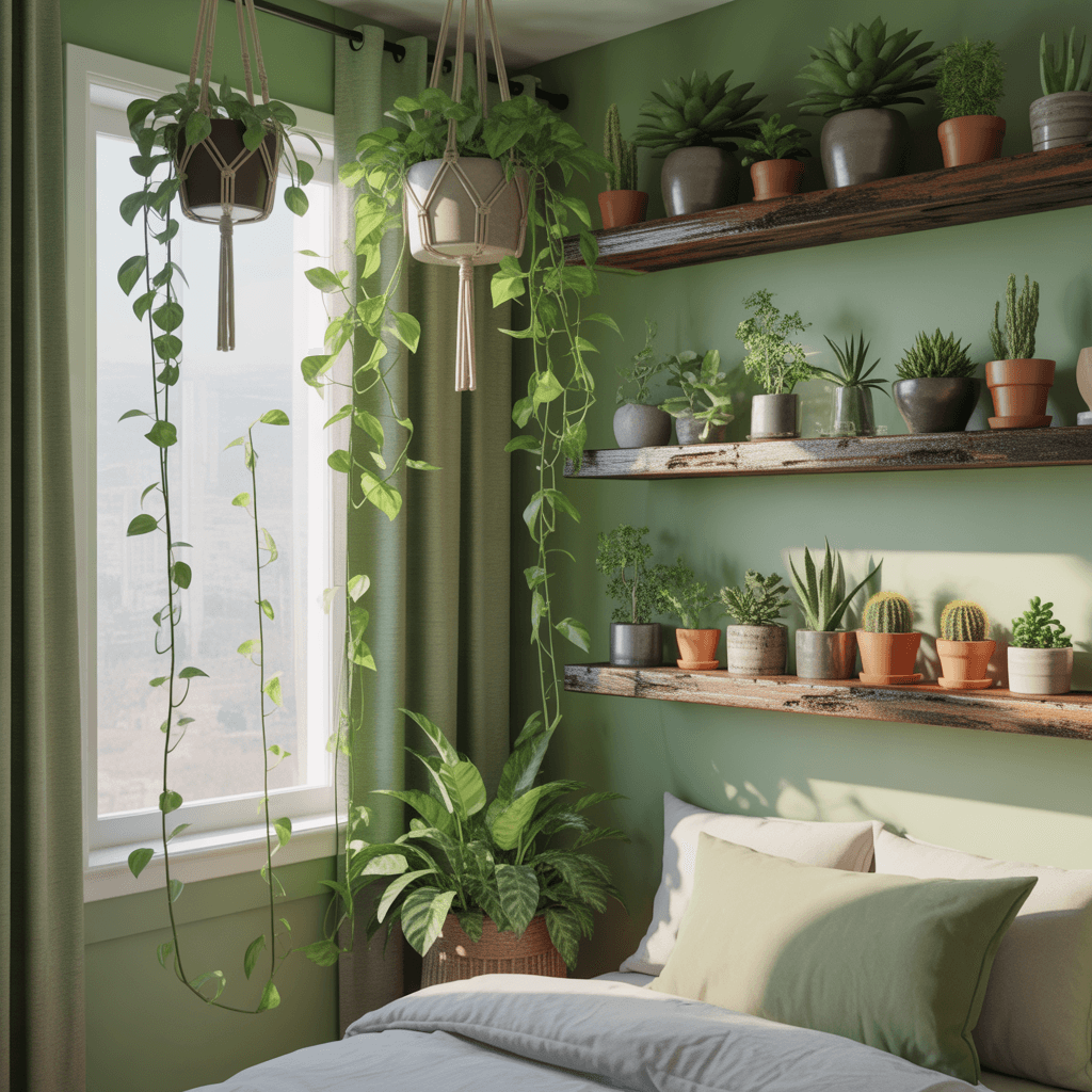 indoor plants hanging above sage green bed