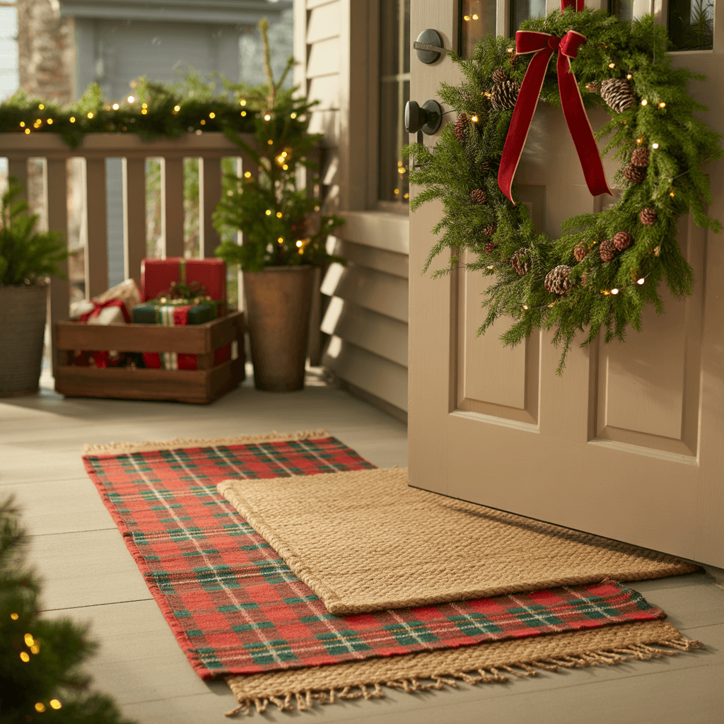  layered jute rug and Christmas doormat on front porch