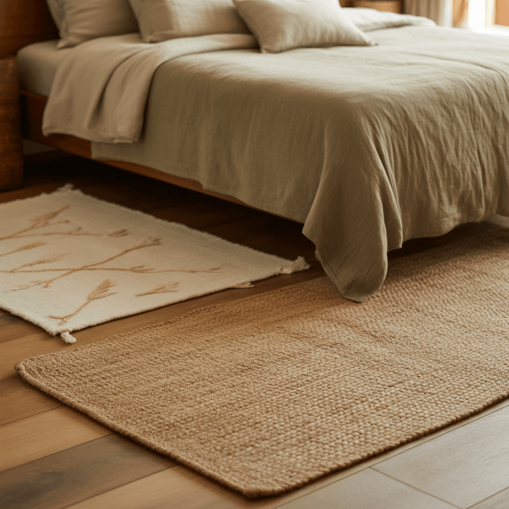  layered rugs in Boho bedroom decor.