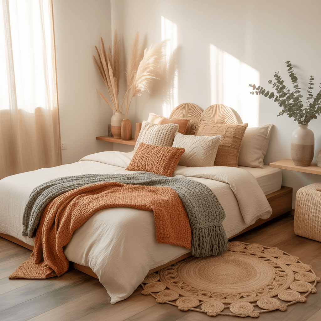 layered textures in a warm small Boho bedroom