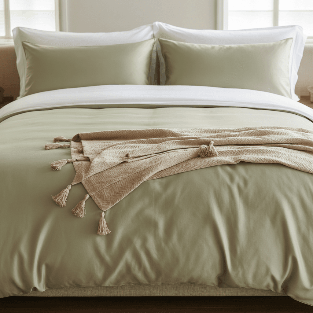 linen bedding in sage and cream tones.