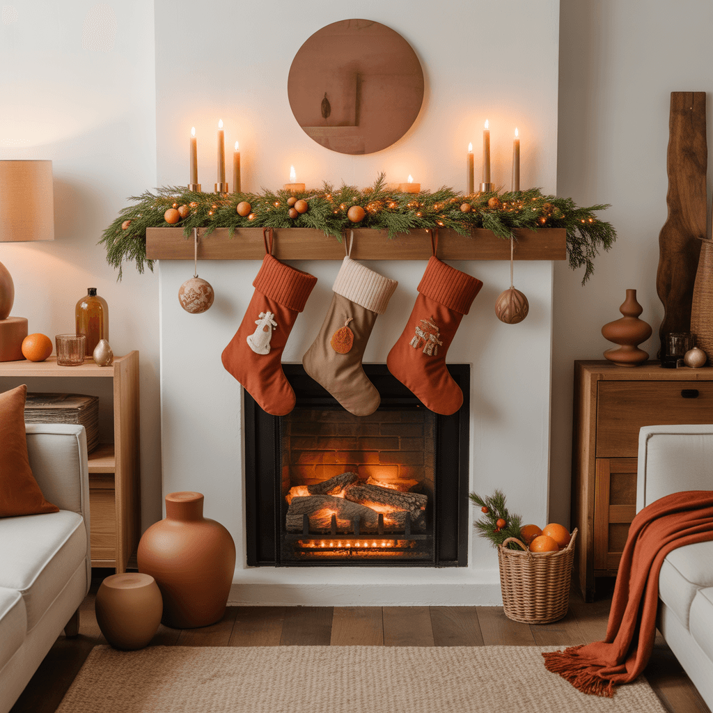  living room decorated with terracotta christmas accents