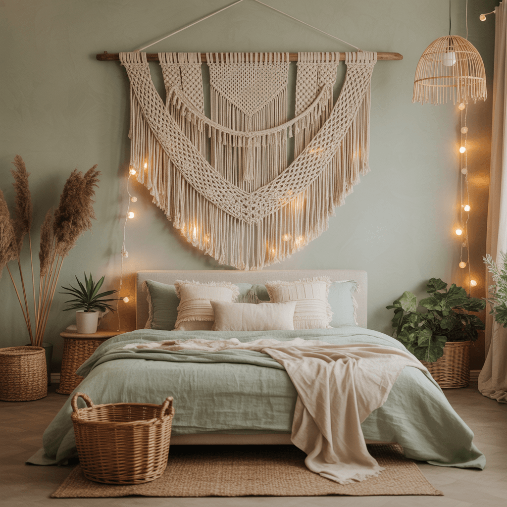 macramé wall hanging above sage green bed