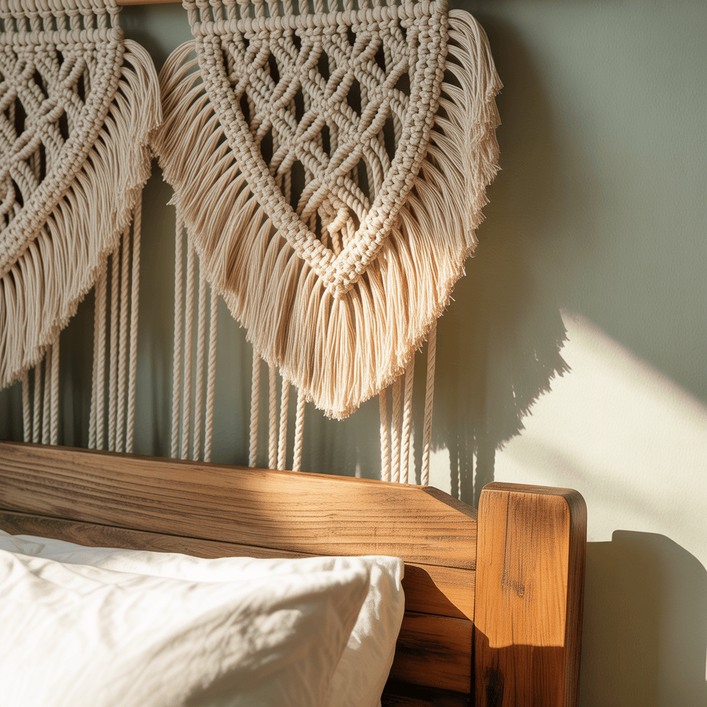 macramé wall hanging and neutral Boho artwork in sage green bedroom.